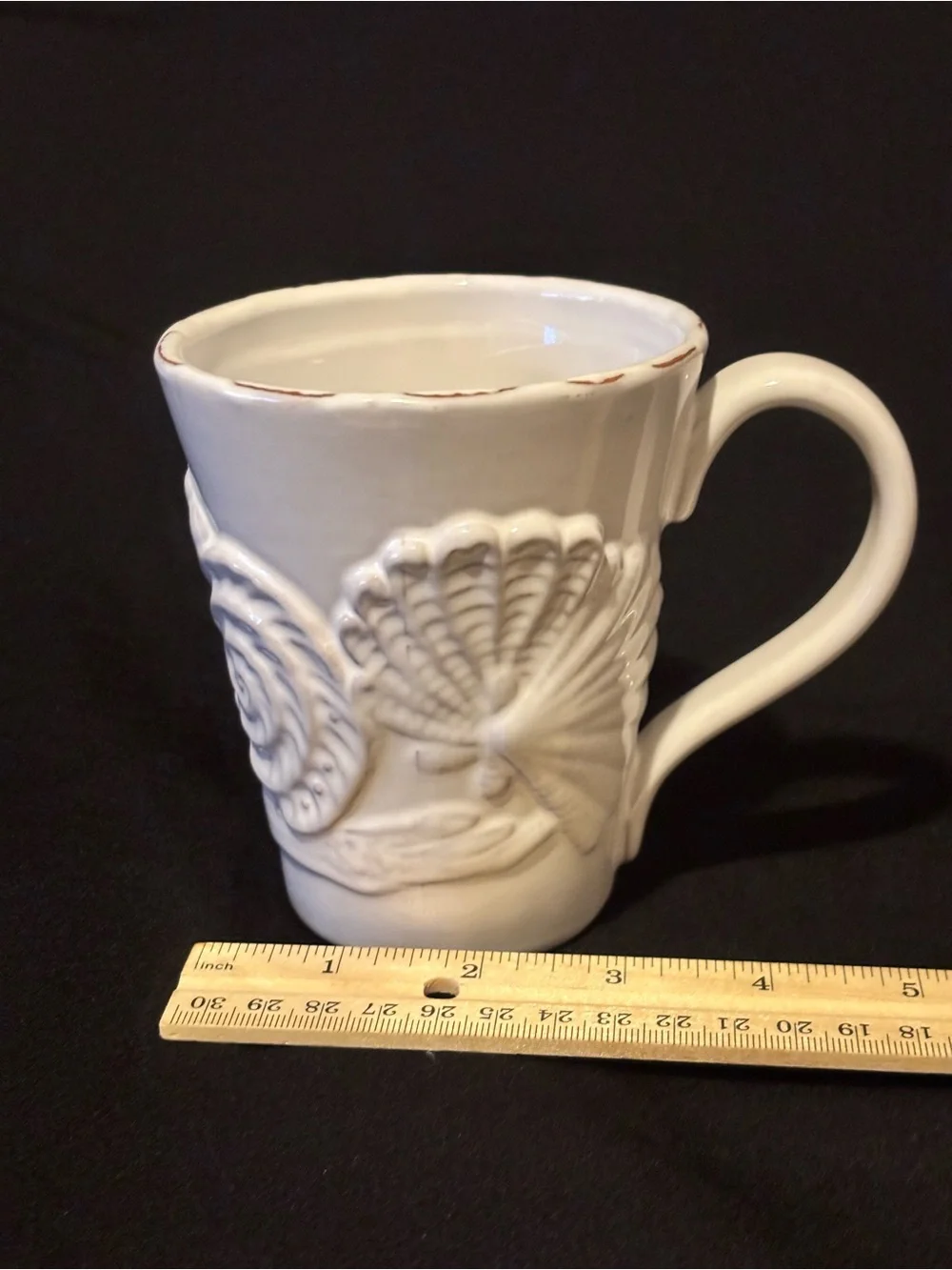 Mud Pie Milk-Glazed Terracotta Embossed Coffee Mug. Seashell and Starfish